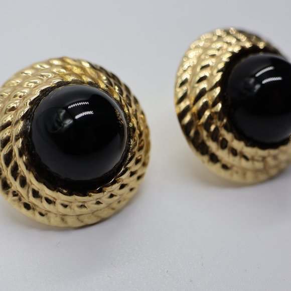 Stunning Large 14K Gold and Onyx Earrings - Omega Backs - Picture 5 of 11